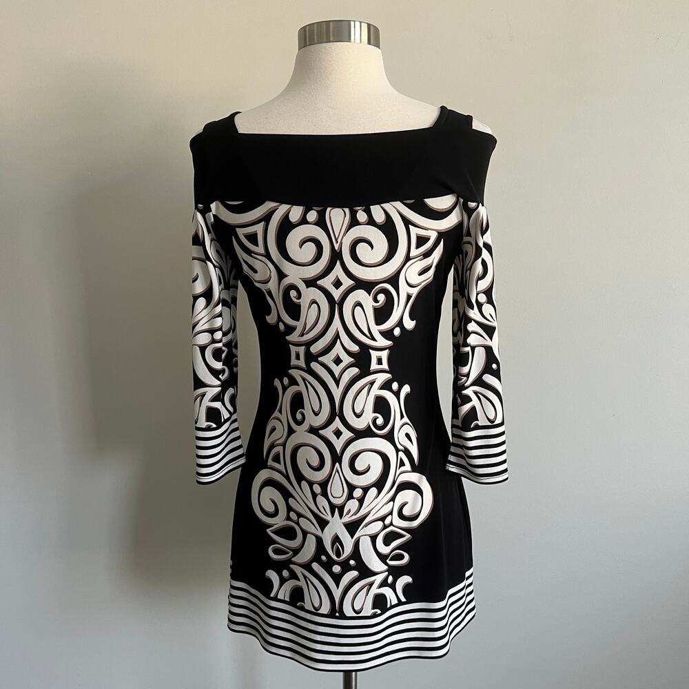 Cache Swirl Striped Cold Shoulder Tunic Dress XS Black Beige - Picture 6 of 7